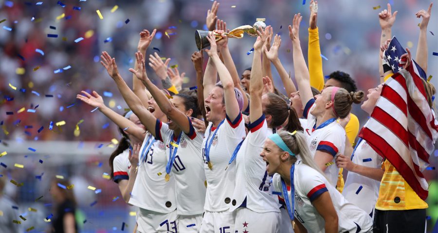 LYON%2C+FRANCE+-+JULY+07%3A++Megan+Rapinoe+of+the+USA+lifts+the+FIFA+Womens+World+Cup+Trophy+following+her+teams+victory+in+the+2019+FIFA+Womens+World+Cup+France+Final+match+between+The+United+States+of+America+and+The+Netherlands+at+Stade+de+Lyon+on+July+07%2C+2019+in+Lyon%2C+France.+%28Photo+by+Alex+Grimm%2FGetty+Images%29