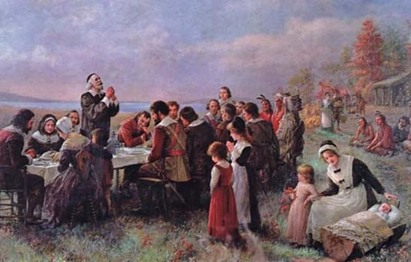 Painting+depicting+the+first+Thanksgiving+in+1621+by+Pilgrims+in+Plymouth