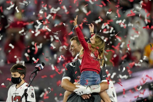 Tampa+Bay+Buccaneers+quarterback+Tom+Brady+celebrates+with+his+family+after+their+NFL+Super+Bowl+55+football+game+against+the+Kansas+City+Chiefs.+The+Buccaneers+defeated+the+Chiefs+31-9+to+win+the+Super+Bowl.