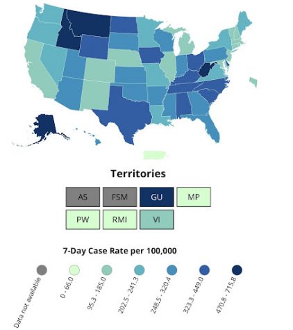 US COVID-19 7-Day Case Rate per 100,000, by State/Territory.