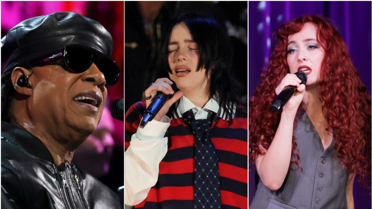 Stevie Wonder, Billie Eilish, and Chappell Roan performing at the Grammys